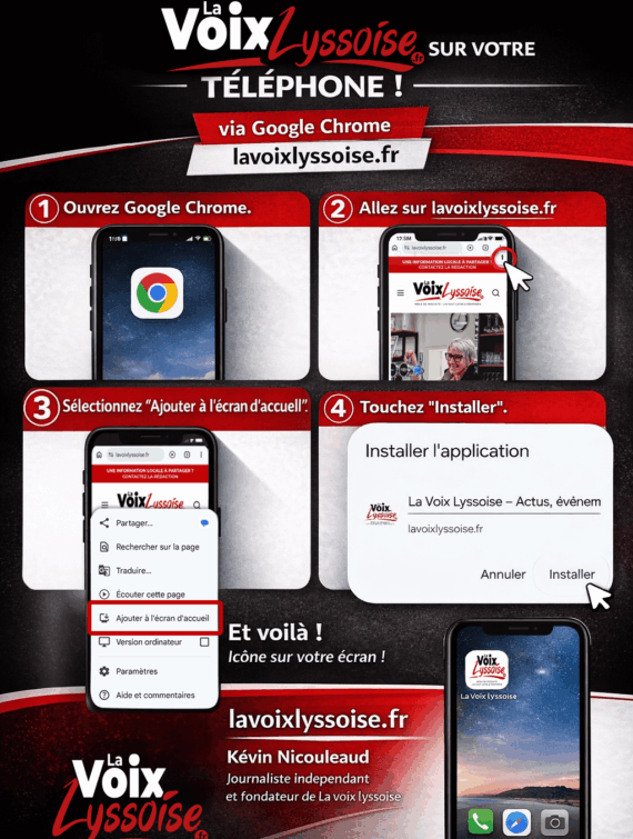 Pour accéder encore plus rapidement à l’actualité locale, vous pouvez ajouter La Voix Lyssoise directement à l’écran d’accueil de votre téléphone. Cela permet d’ouvrir le site en un seul geste, comme une application mobile.